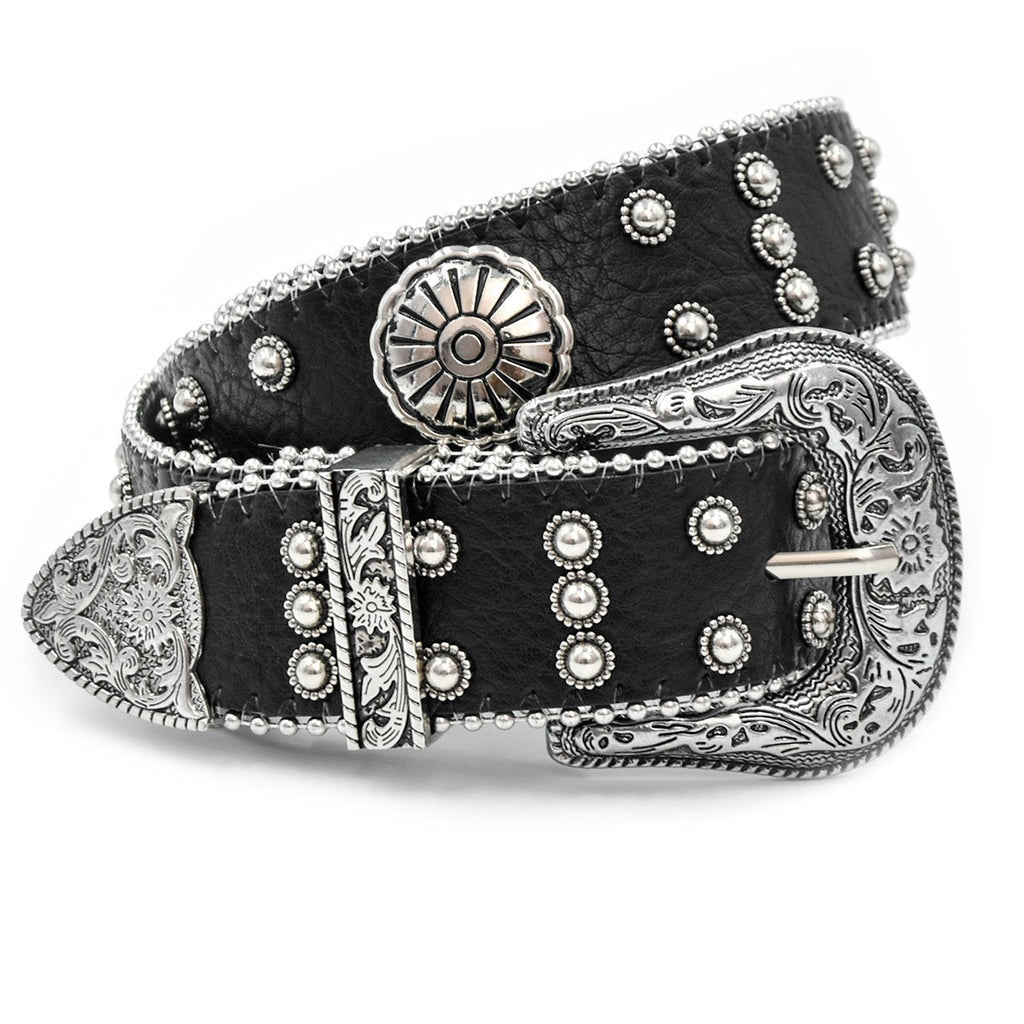 Ceinture à Rivets Sculptés Rétro Fleur Argentée de Style Western