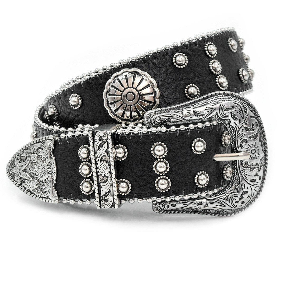 Ceinture à Rivets Sculptés Rétro Fleur Argentée de Style Western