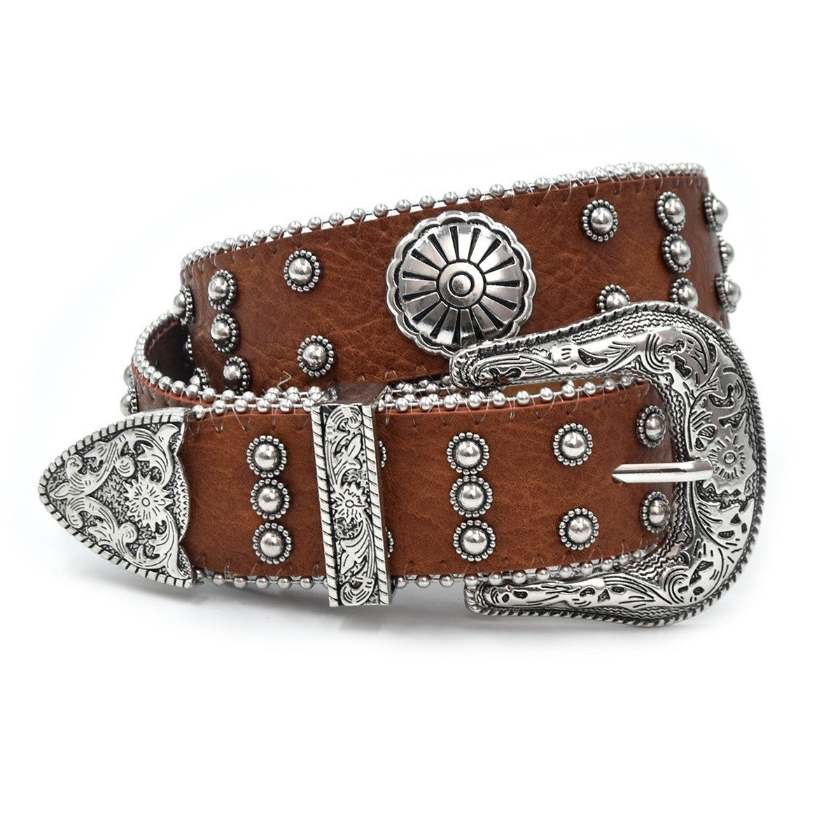 Ceinture à Rivets Sculptés Rétro Fleur Argentée de Style Western