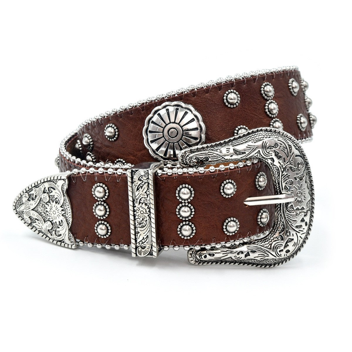 Ceinture à Rivets Sculptés Rétro Fleur Argentée de Style Western