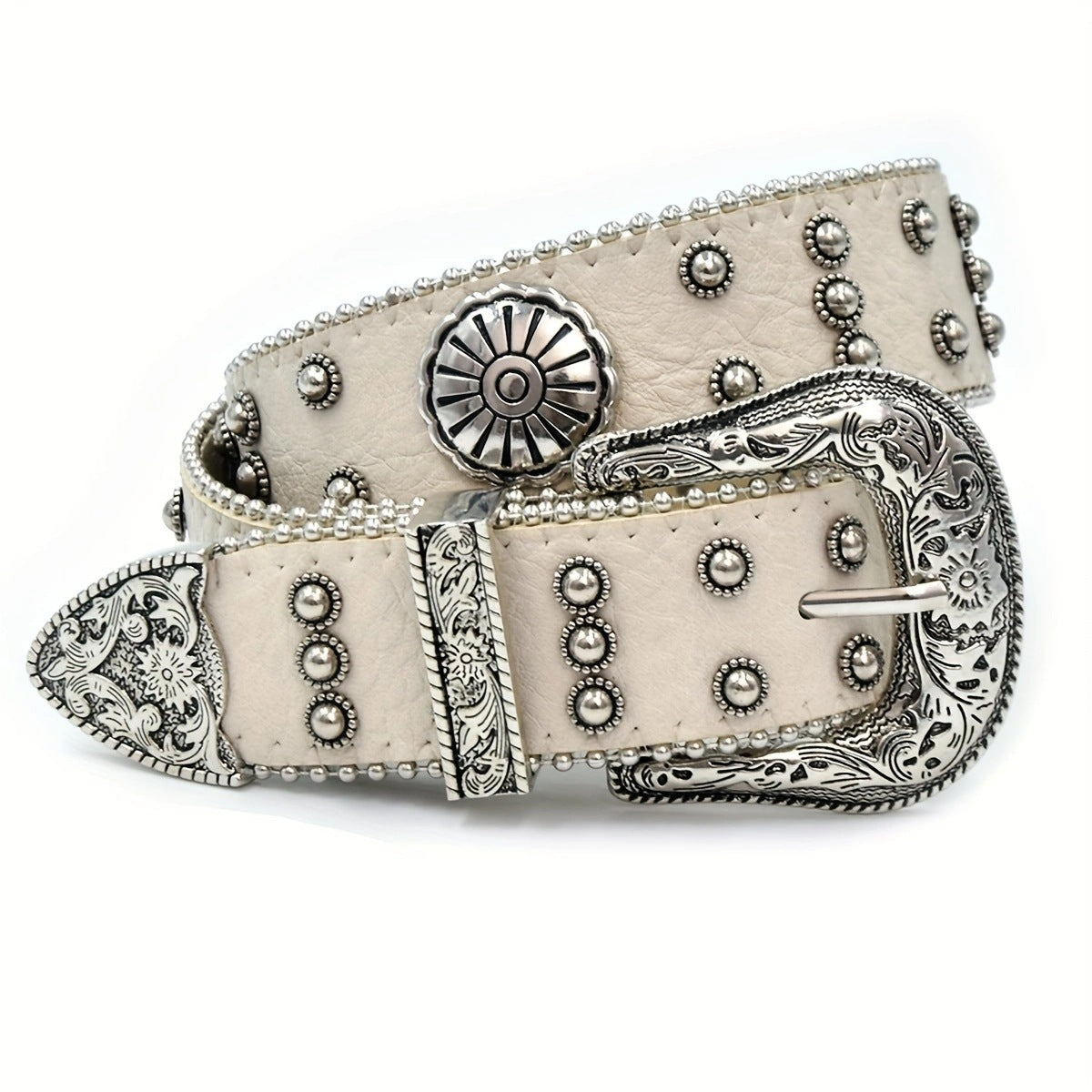 Ceinture à Rivets Sculptés Rétro Fleur Argentée de Style Western