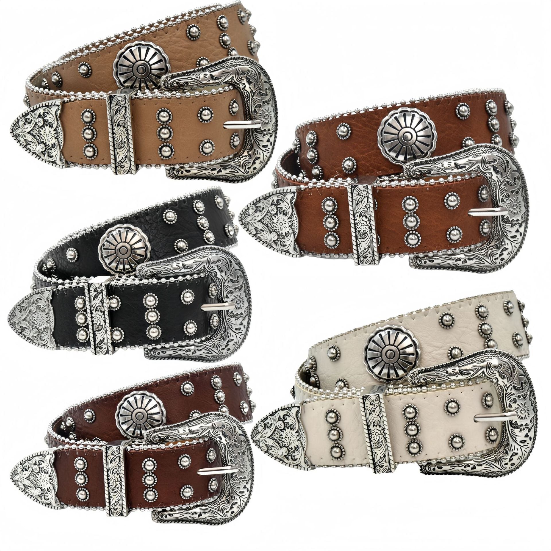 Ceinture à Rivets Sculptés Rétro Fleur Argentée de Style Western